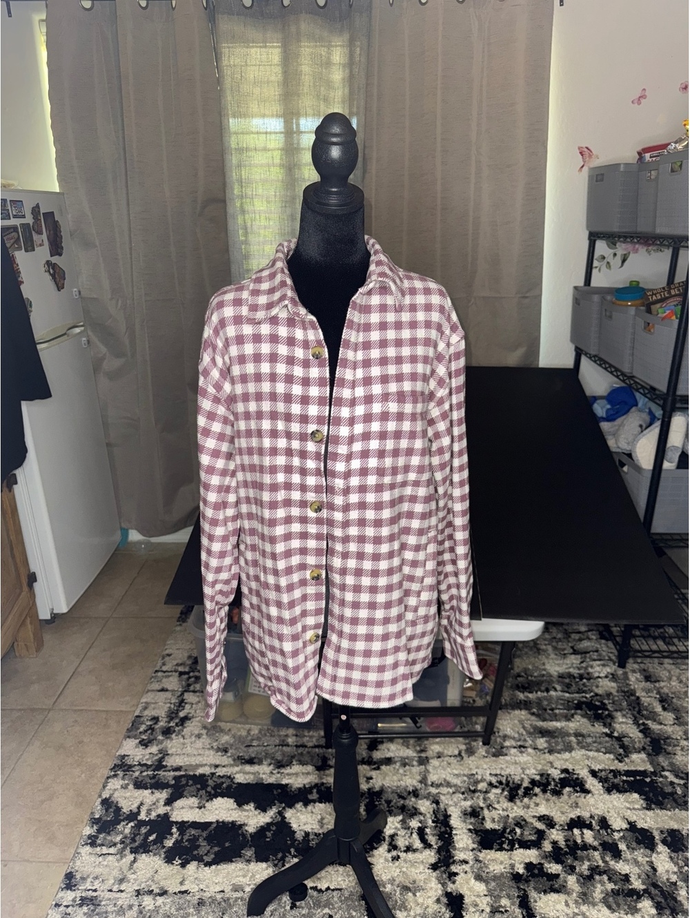 Men's Long Sleeve Button-Up Burgundy and White Checkered Fla